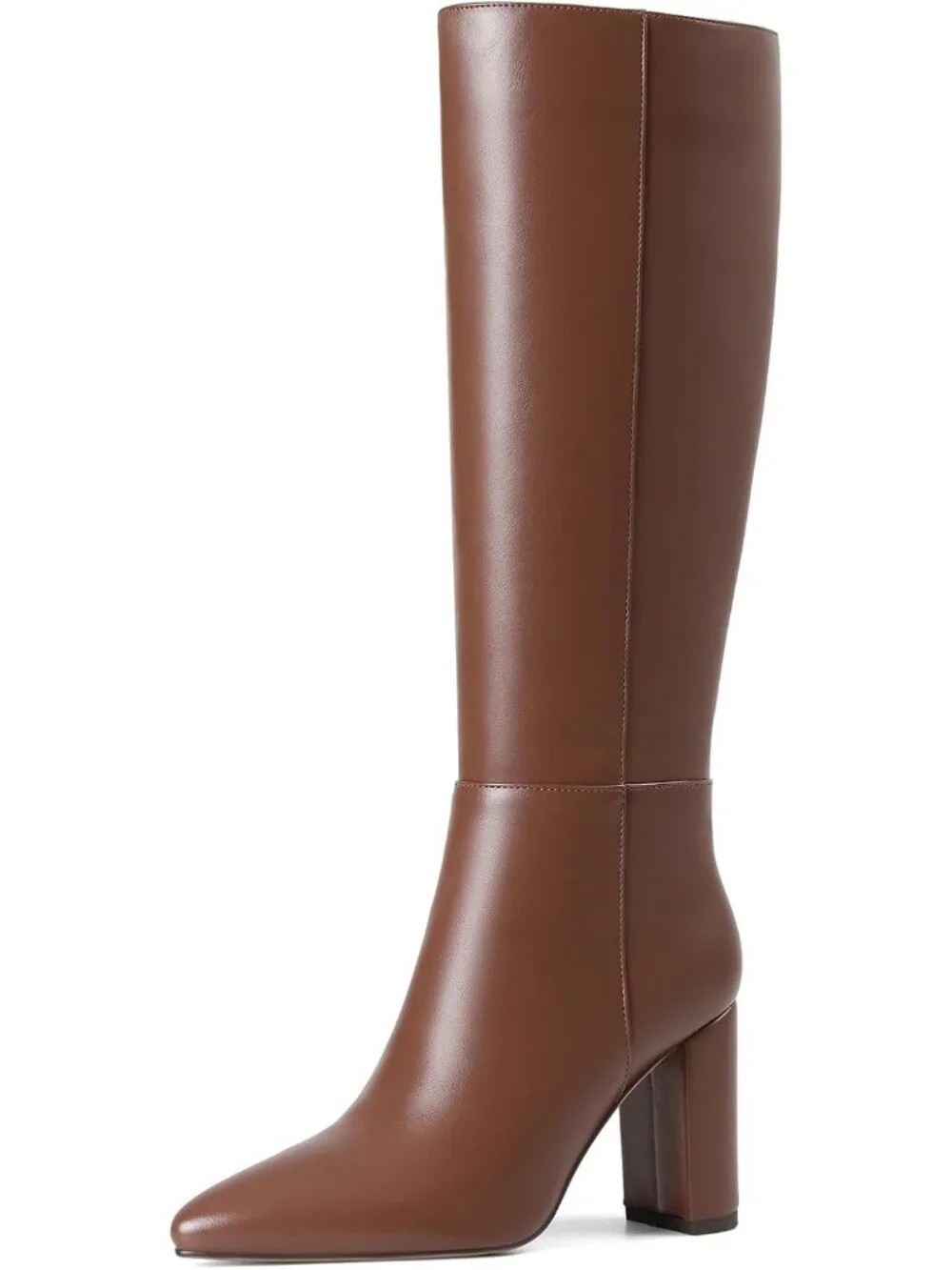 Women's Light Brown Chunky Heel Pointed Toe Non Slip Side Zipper Knee High Boots